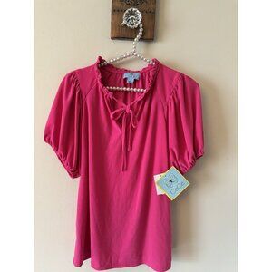 NWT CeCe Womens Size Small Pink Short Sleeve Top Ruffle Trim Puff Sleeve